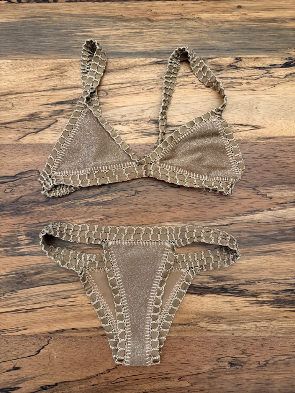 Crochet-Trim Metallic Beige Bikini Set - Women Swim